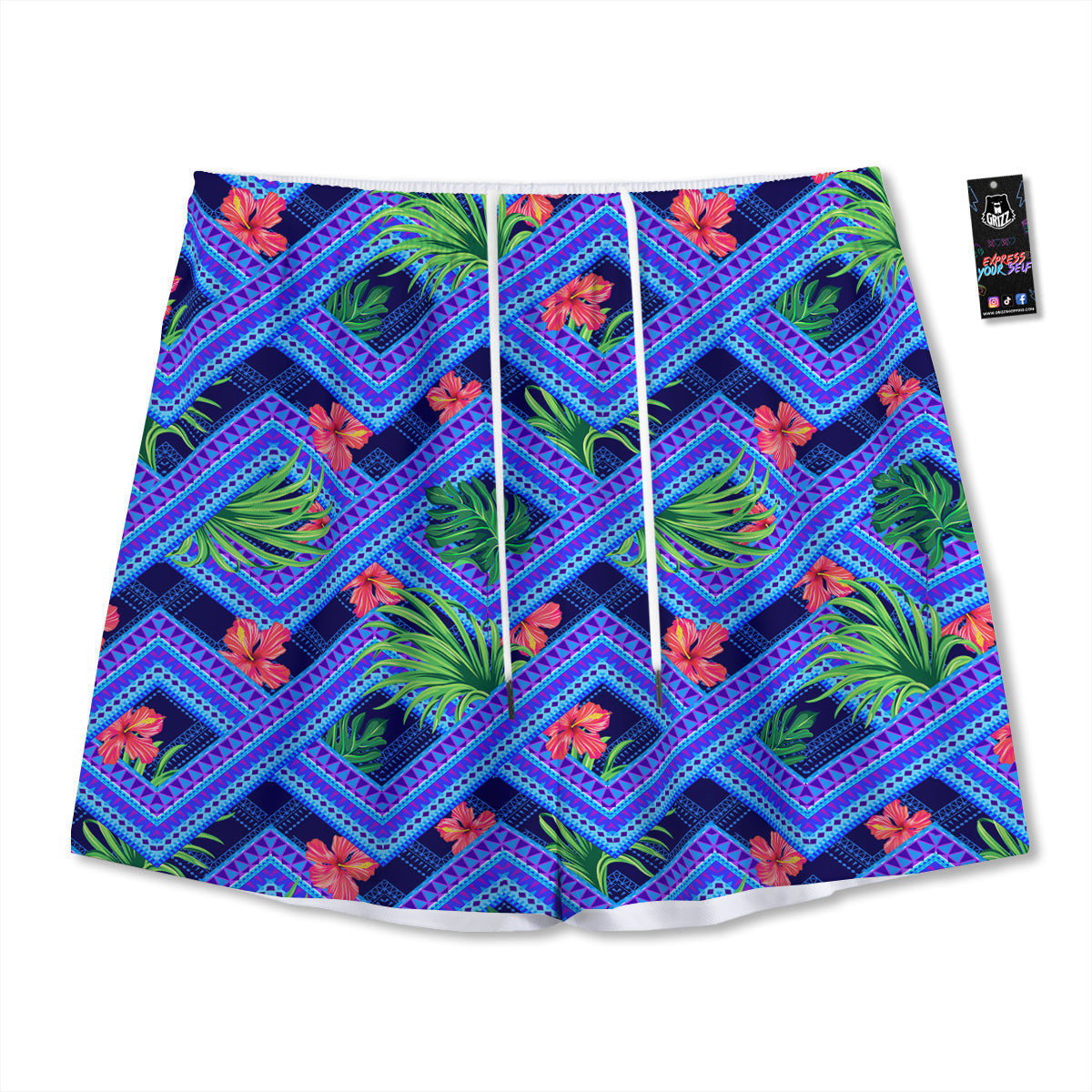 Aztec Tropical Hibiscus Flower Print Pattern Mesh Shorts