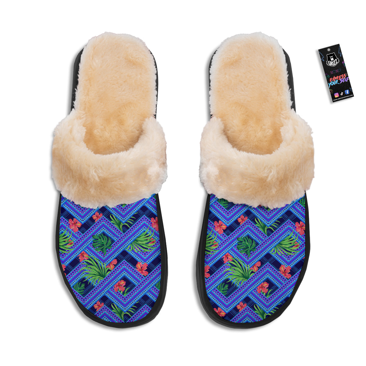Aztec Tropical Hibiscus Flower Print Pattern Slippers-grizzshop