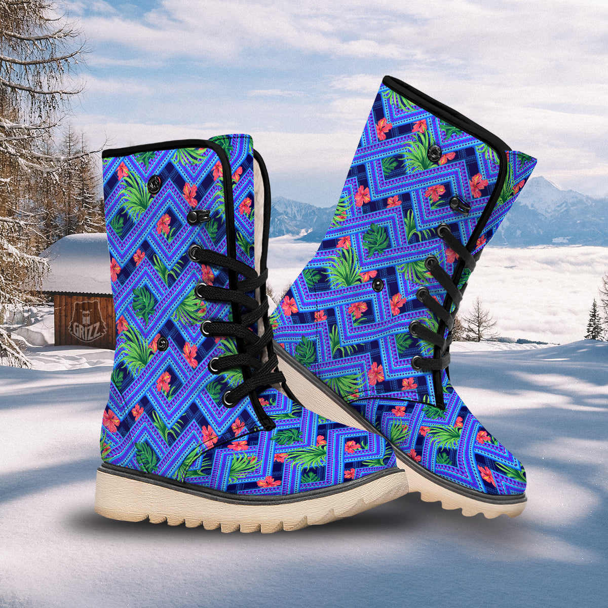 Aztec Tropical Hibiscus Flower Print Pattern Snow Boots-grizzshop
