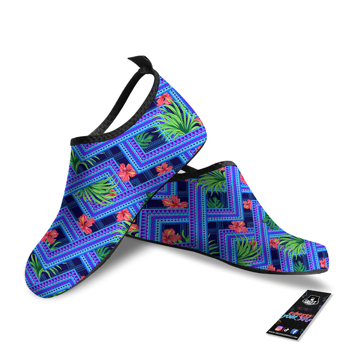Aztec Tropical Hibiscus Flower Print Pattern Water Shoes-grizzshop