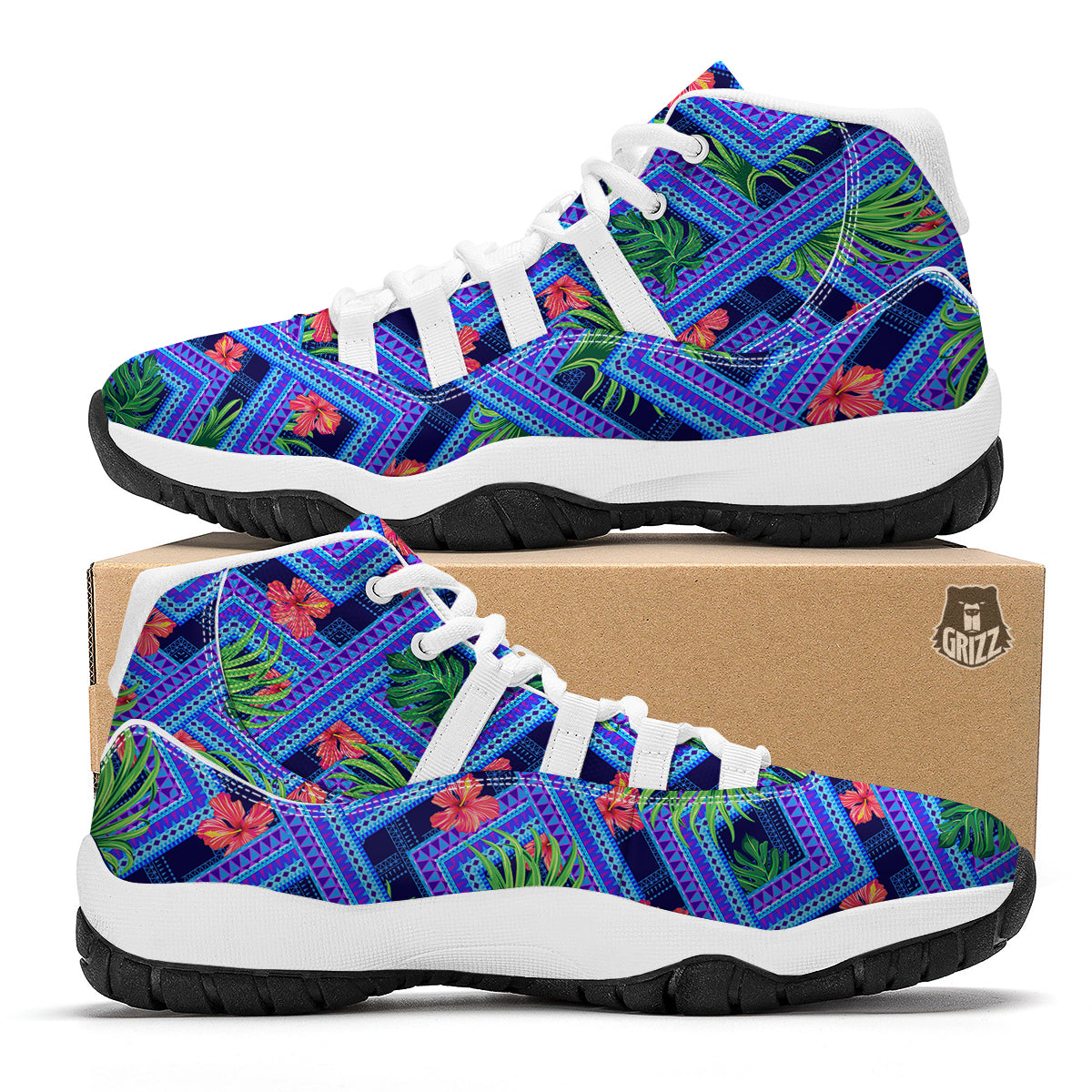 Aztec Tropical Hibiscus Flower Print Pattern White Bball Shoes-grizzshop