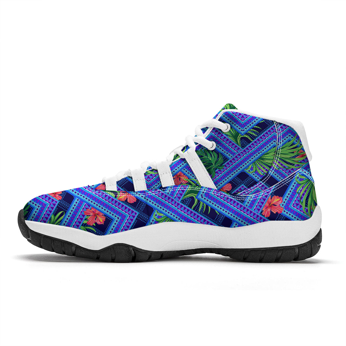 Aztec Tropical Hibiscus Flower Print Pattern White Bball Shoes-grizzshop