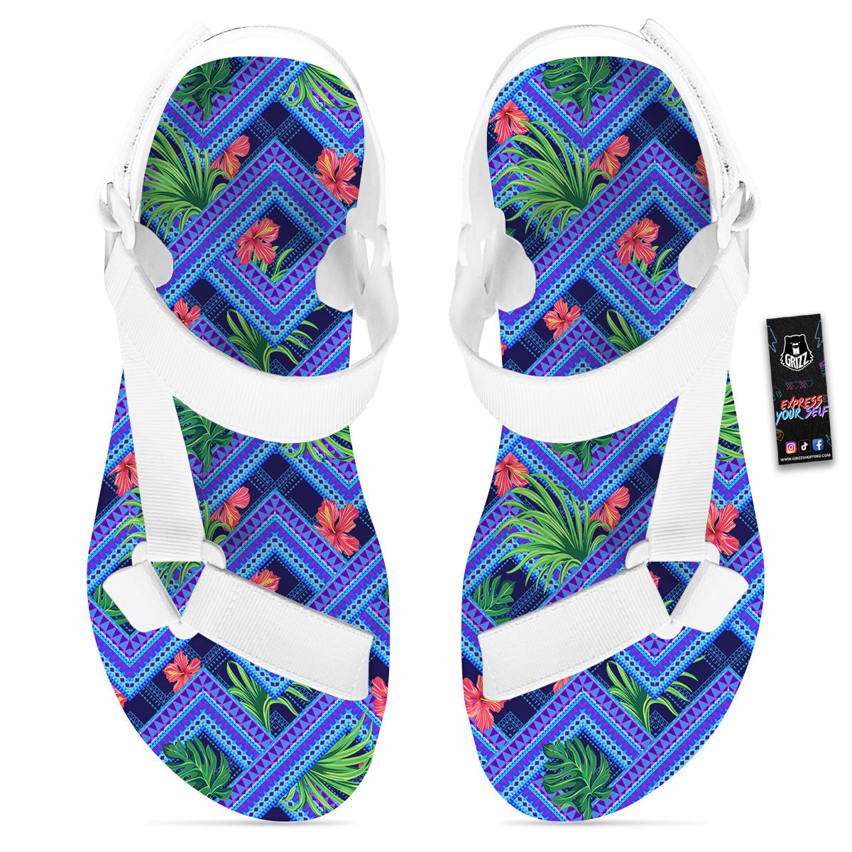 Aztec Tropical Hibiscus Flower Print Pattern White Open Toe Sandals-grizzshop