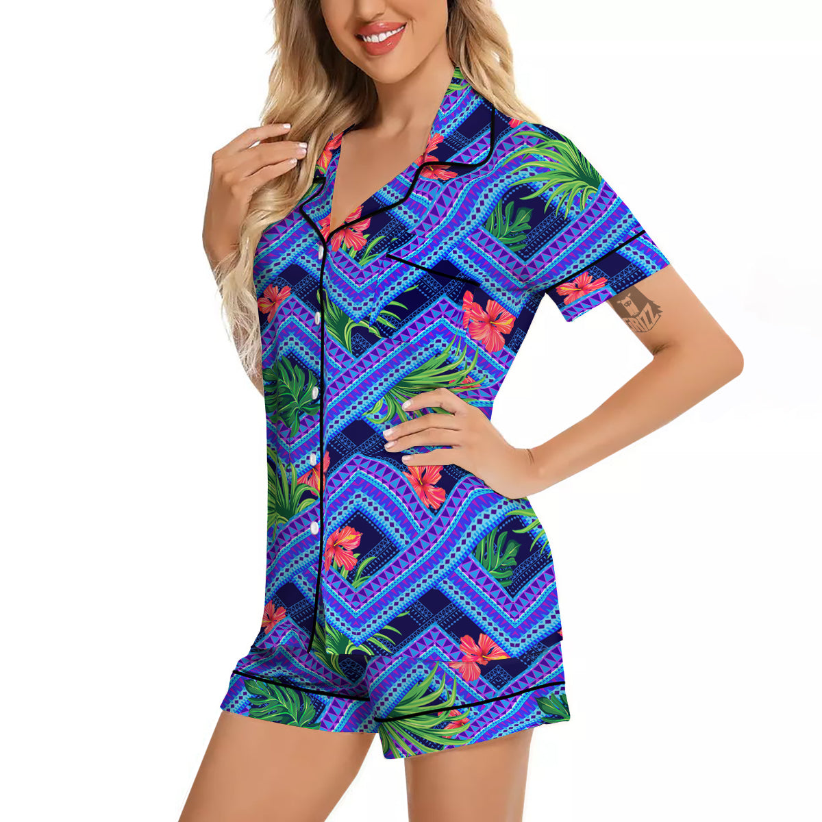 Aztec Tropical Hibiscus Flower Print Pattern Women Silk Pajamas-grizzshop