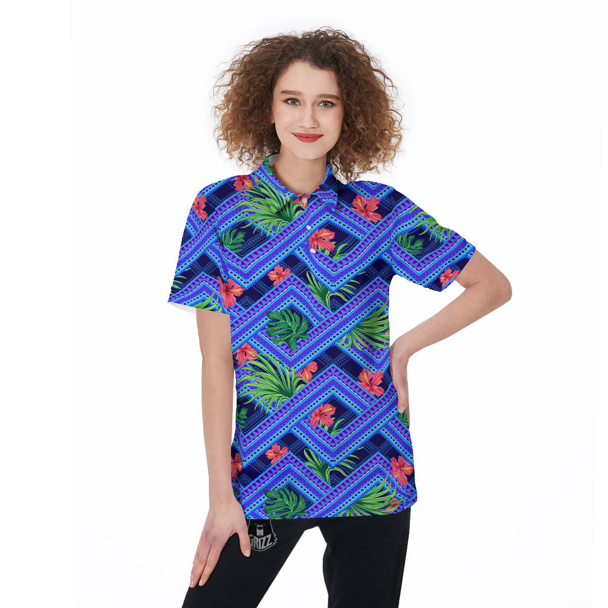 Aztec Tropical Hibiscus Flower Print Pattern Women's Golf Shirts-grizzshop