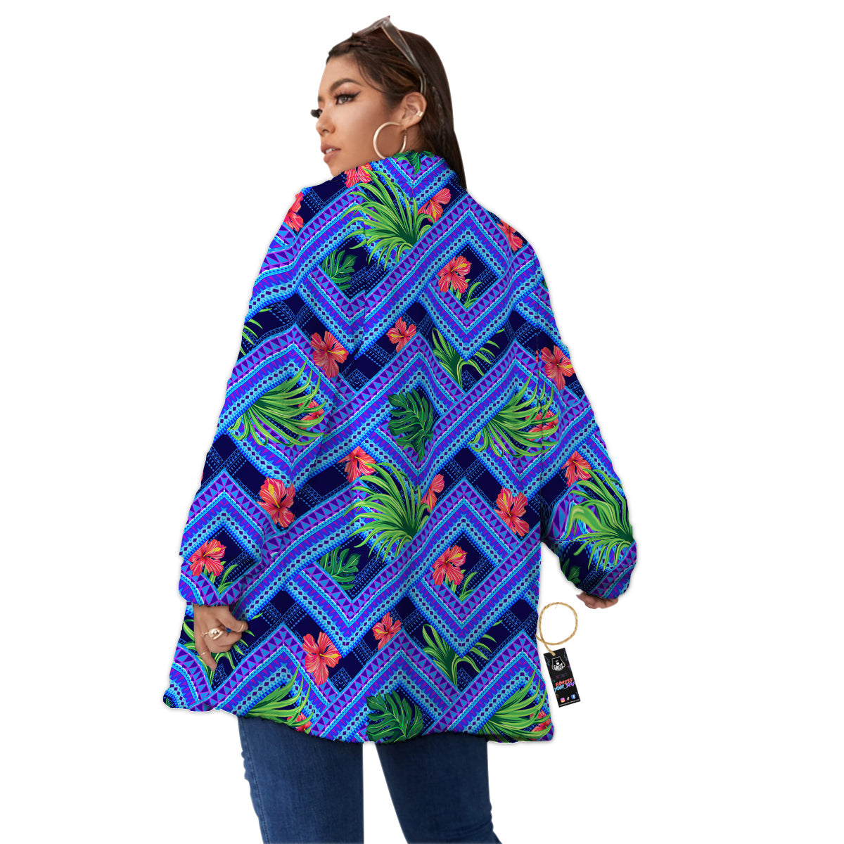 Aztec Tropical Hibiscus Flower Print Pattern Women's Sherpa Jacket-grizzshop