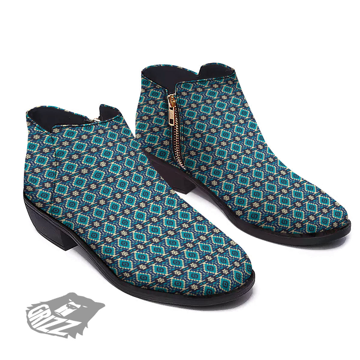 Aztec Turquoise And Blue Print Pattern Ankle Boots-grizzshop