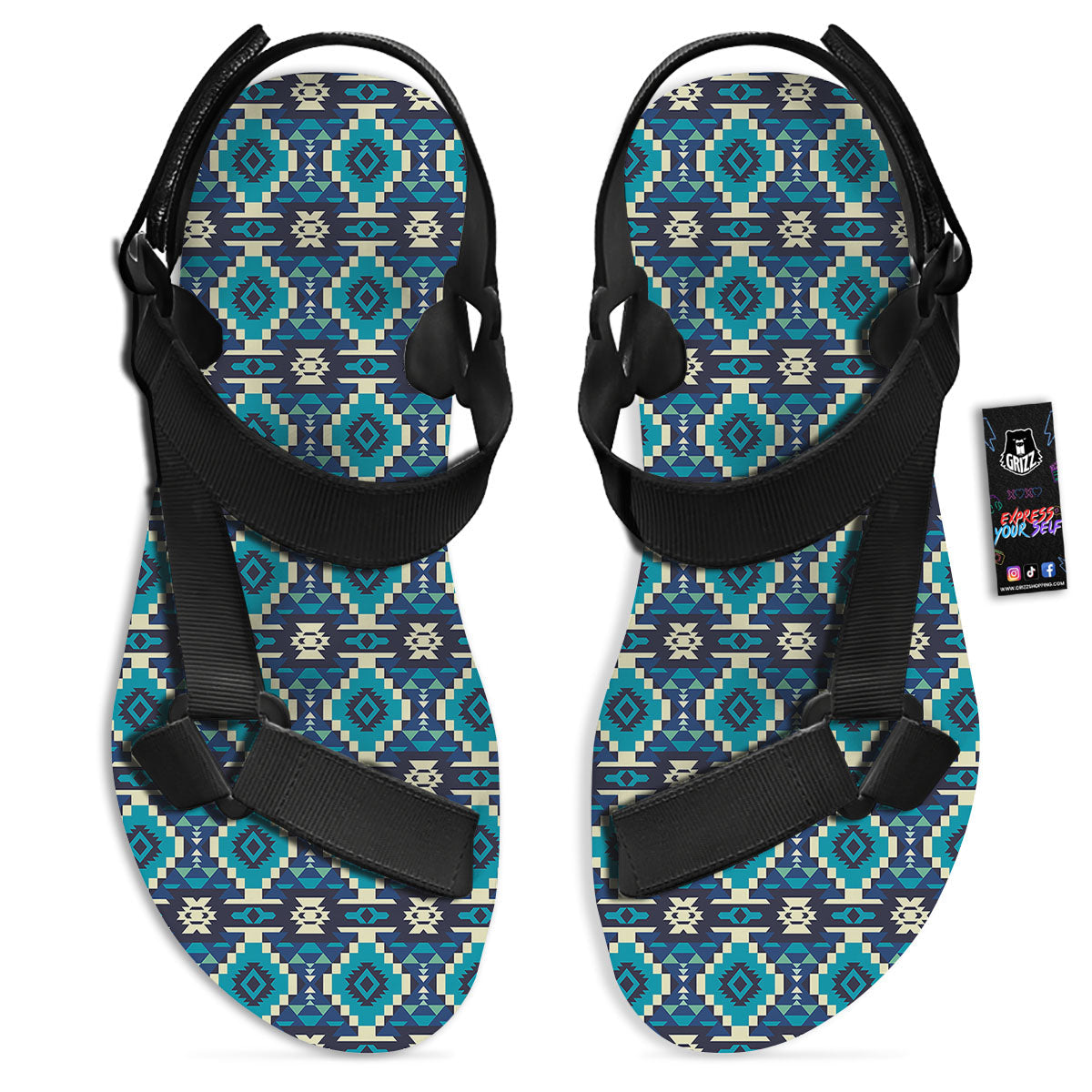 Aztec Turquoise And Blue Print Pattern Black Open Toe Sandals-grizzshop