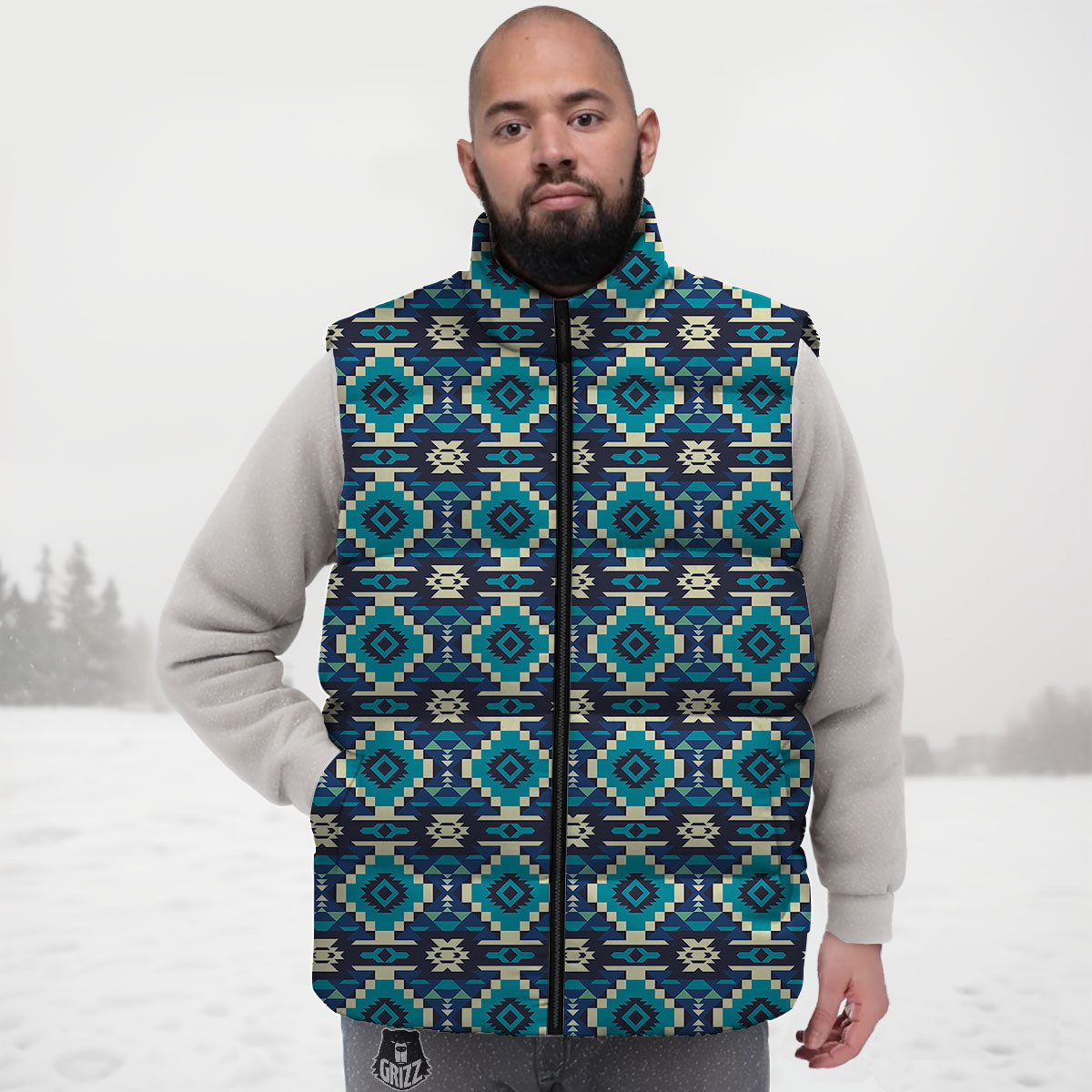 Aztec Turquoise And Blue Print Pattern Down Vest-grizzshop
