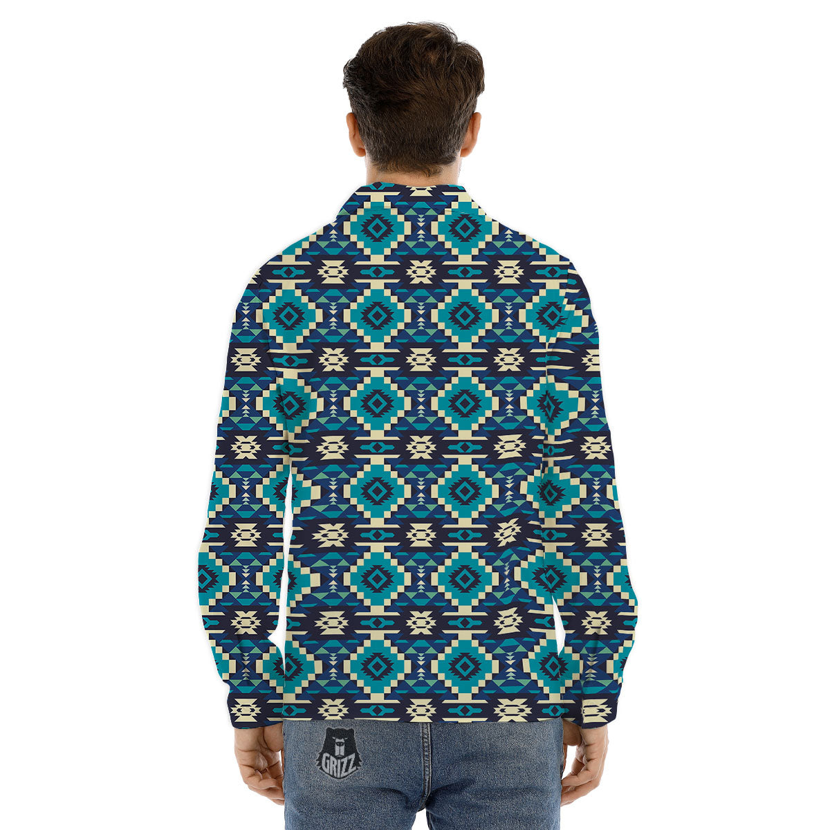 Aztec Turquoise And Blue Print Pattern Men's Dress Shirts-grizzshop