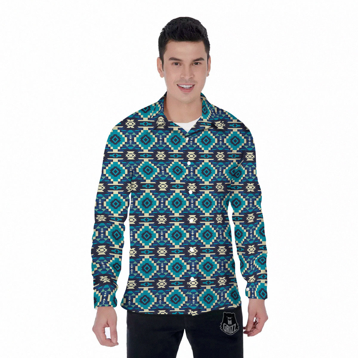 Aztec Turquoise And Blue Print Pattern Men's Long Sleeve Shirts-grizzshop