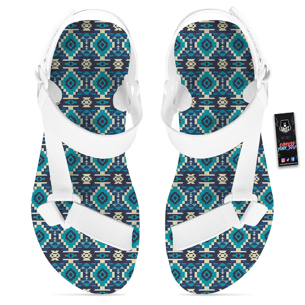 Aztec Turquoise And Blue Print Pattern White Open Toe Sandals-grizzshop