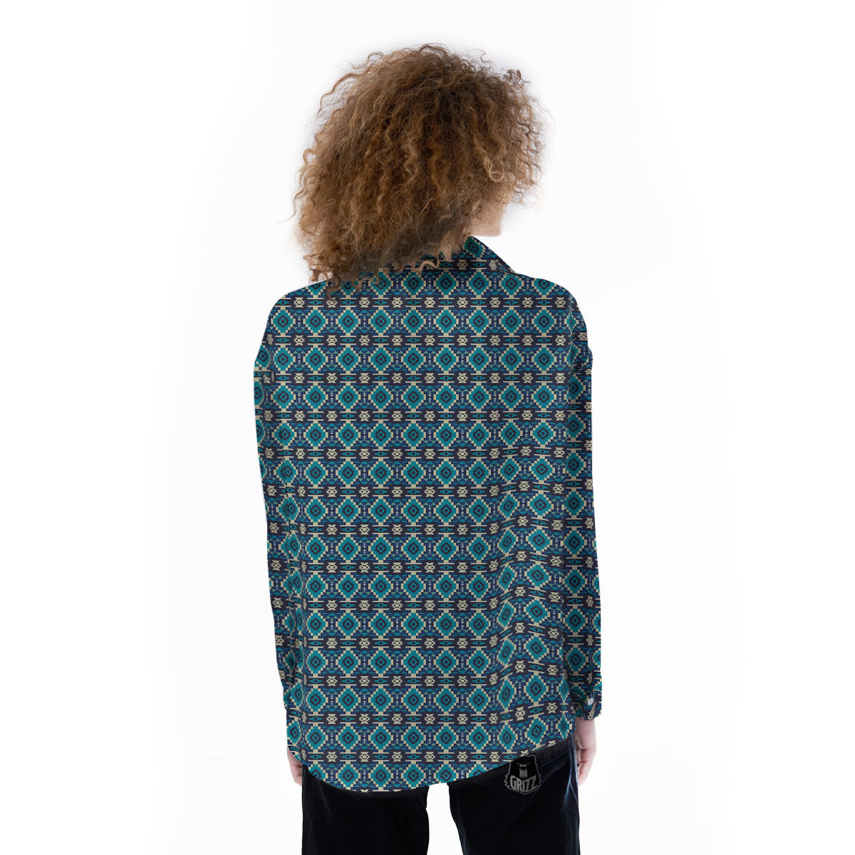 Aztec Turquoise And Blue Print Pattern Women's Long Sleeve Shirts-grizzshop