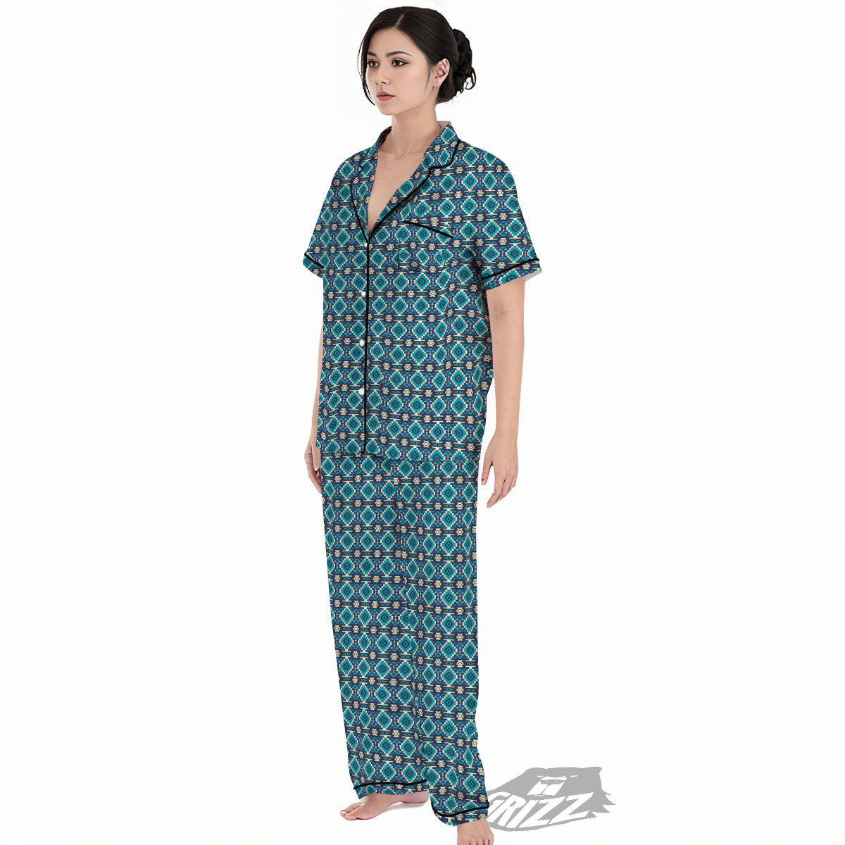 Aztec Turquoise And Blue Print Pattern Women's Pajamas Set-grizzshop