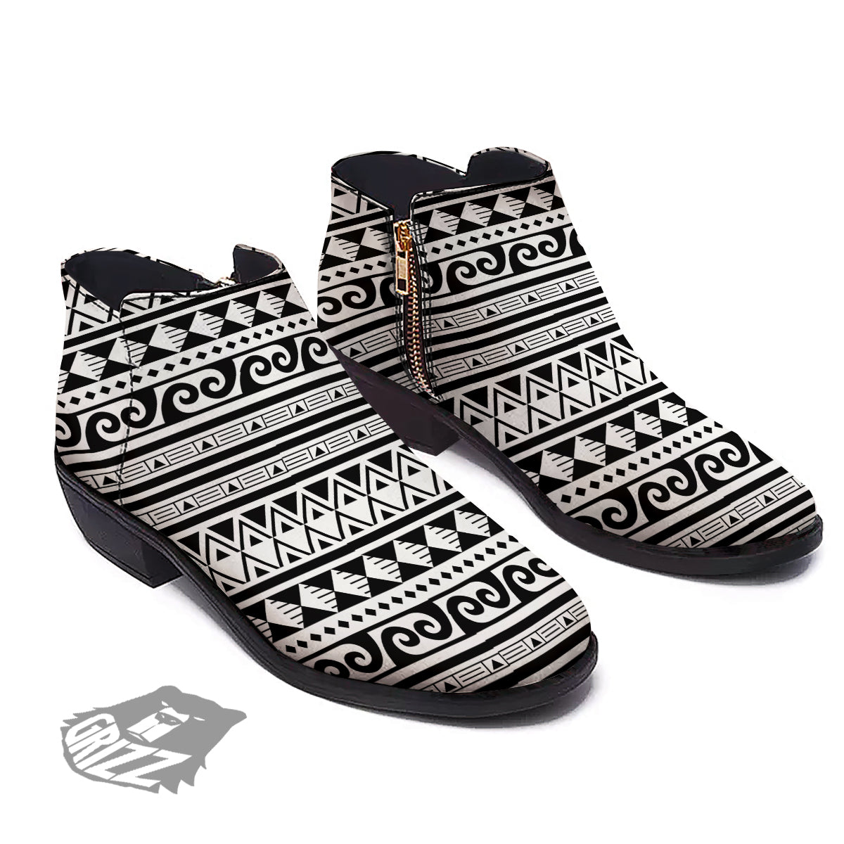 Aztec White And Black Print Pattern Ankle Boots-grizzshop