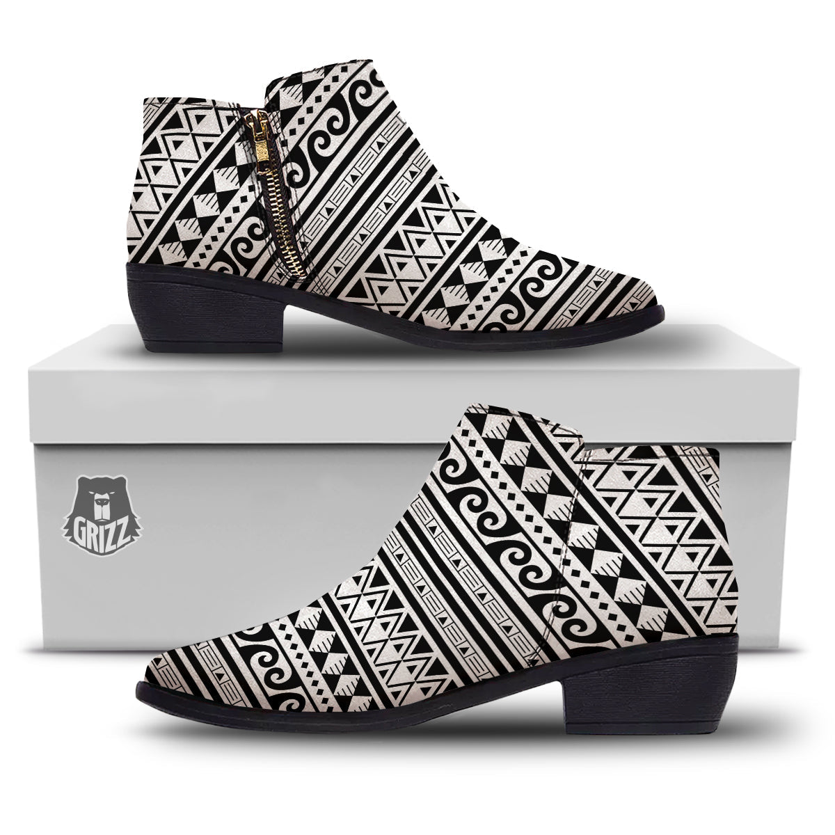 Aztec White And Black Print Pattern Ankle Boots-grizzshop
