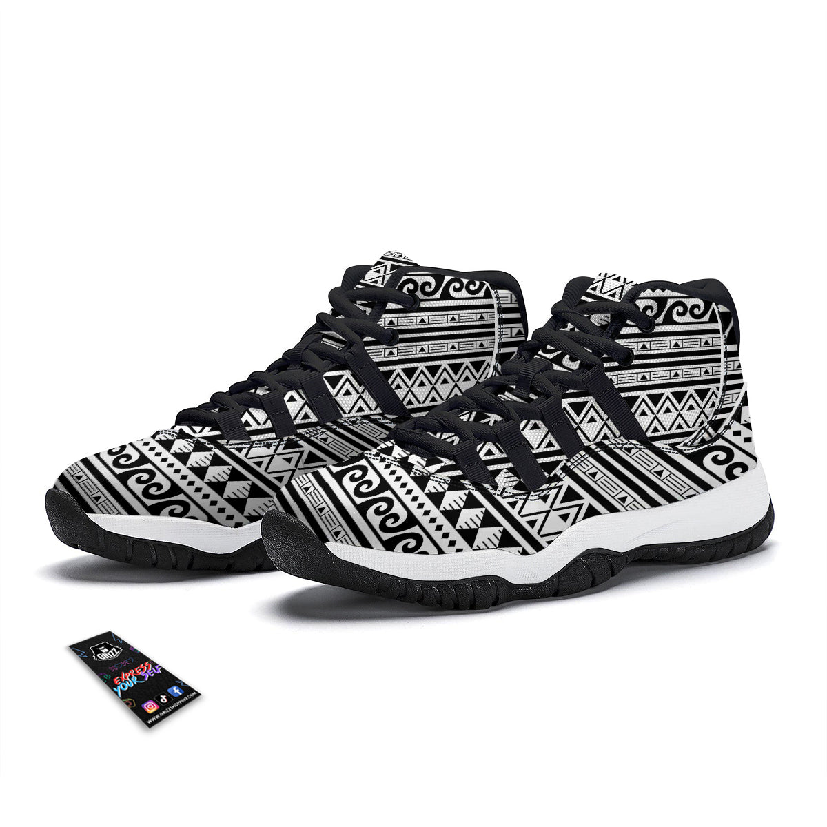 Aztec White And Black Print Pattern Black Bball Shoes-grizzshop