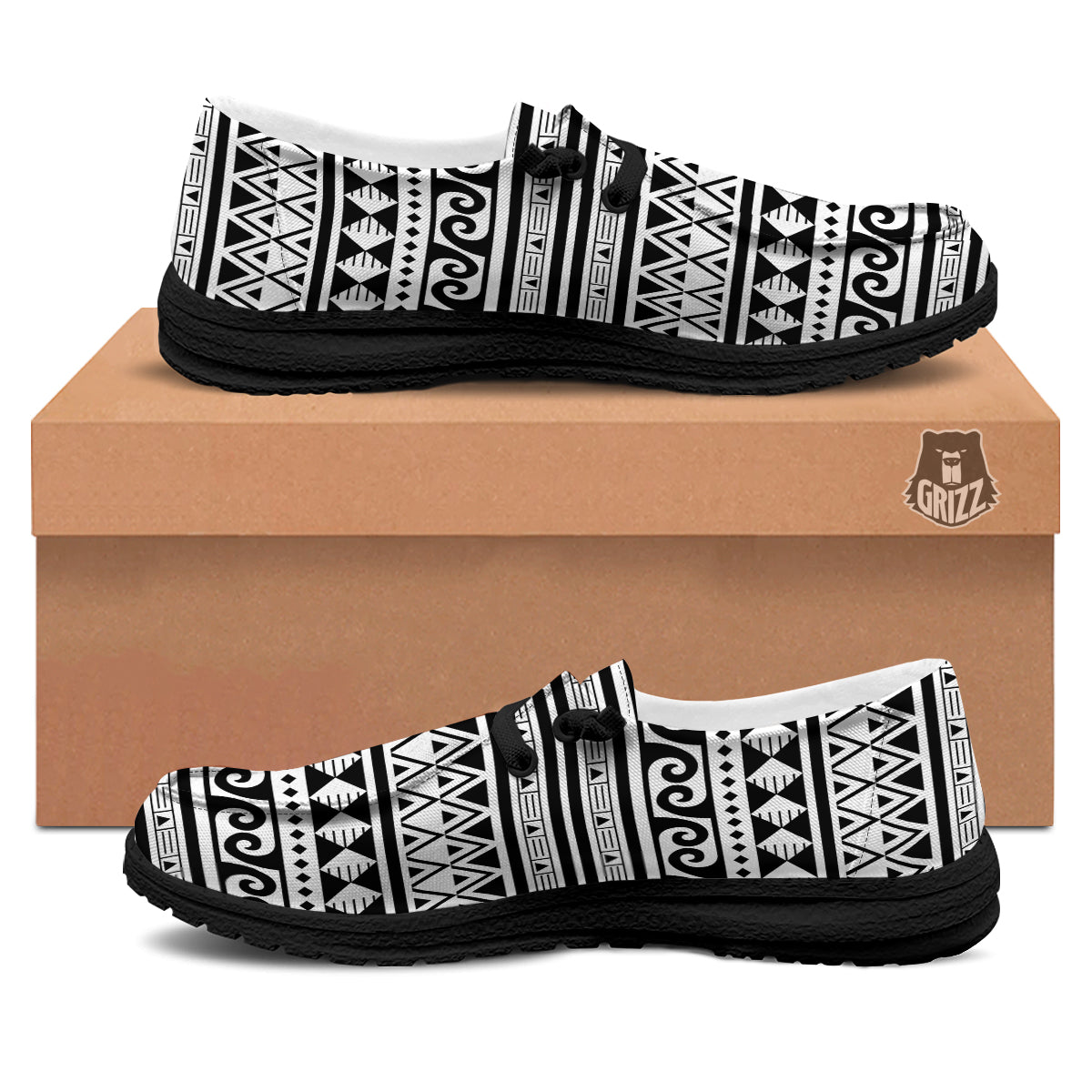 Aztec White And Black Print Pattern Black Loafers-grizzshop