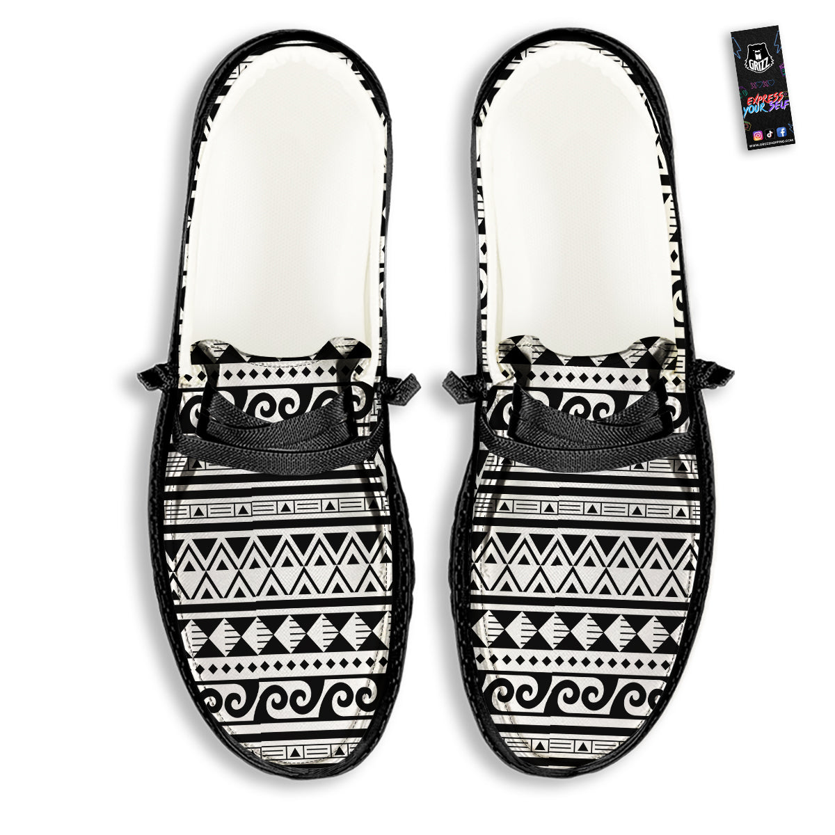 Aztec White And Black Print Pattern Black Loafers-grizzshop