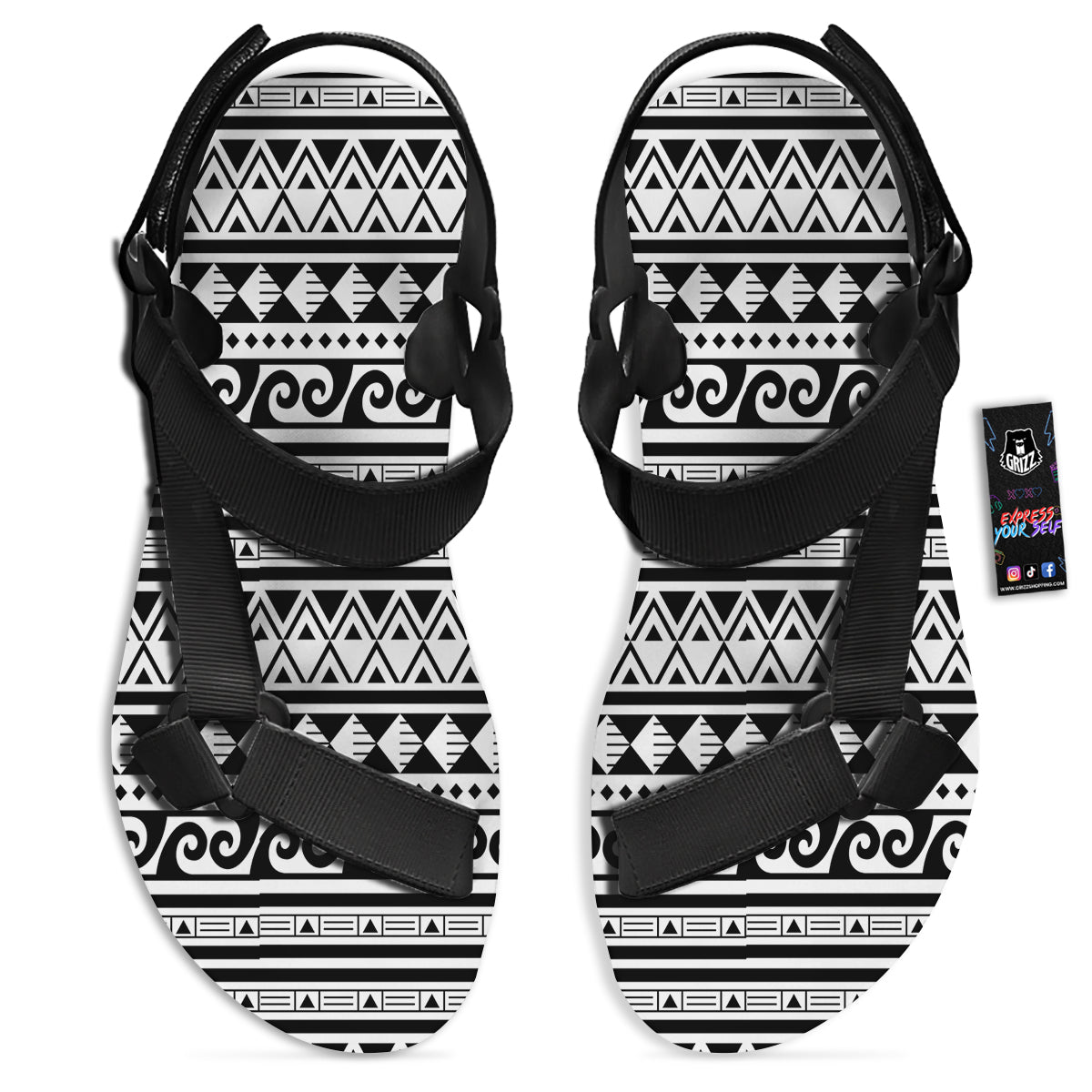 Aztec White And Black Print Pattern Black Open Toe Sandals-grizzshop