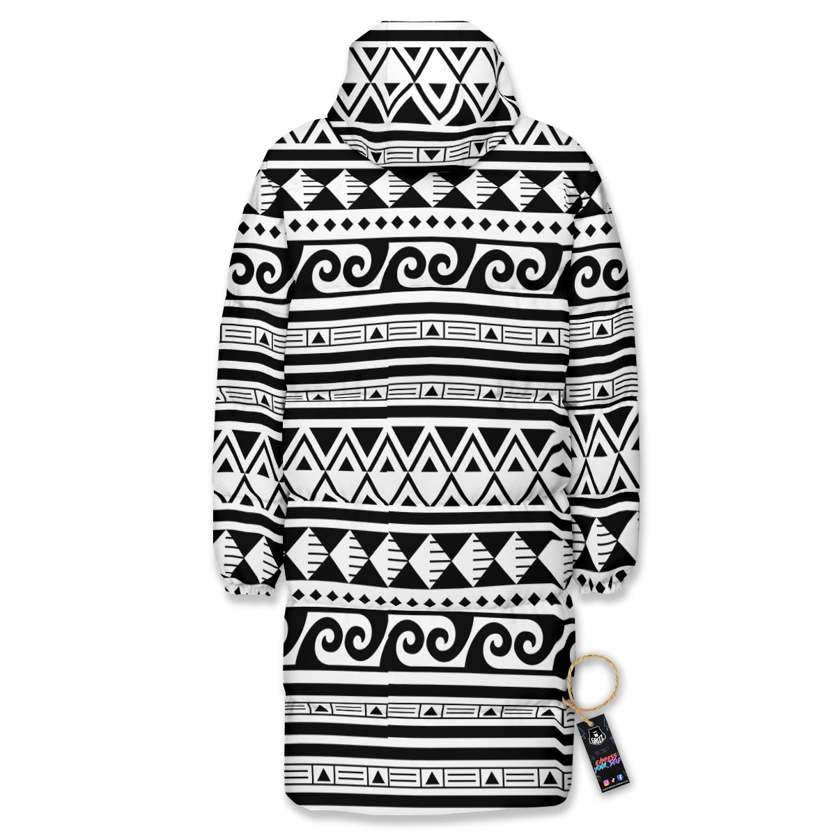 Aztec White And Black Print Pattern Long Down Jacket-grizzshop