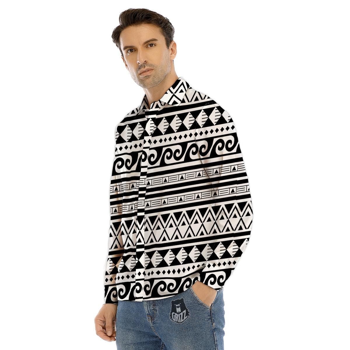 Aztec White And Black Print Pattern Men's Dress Shirts-grizzshop