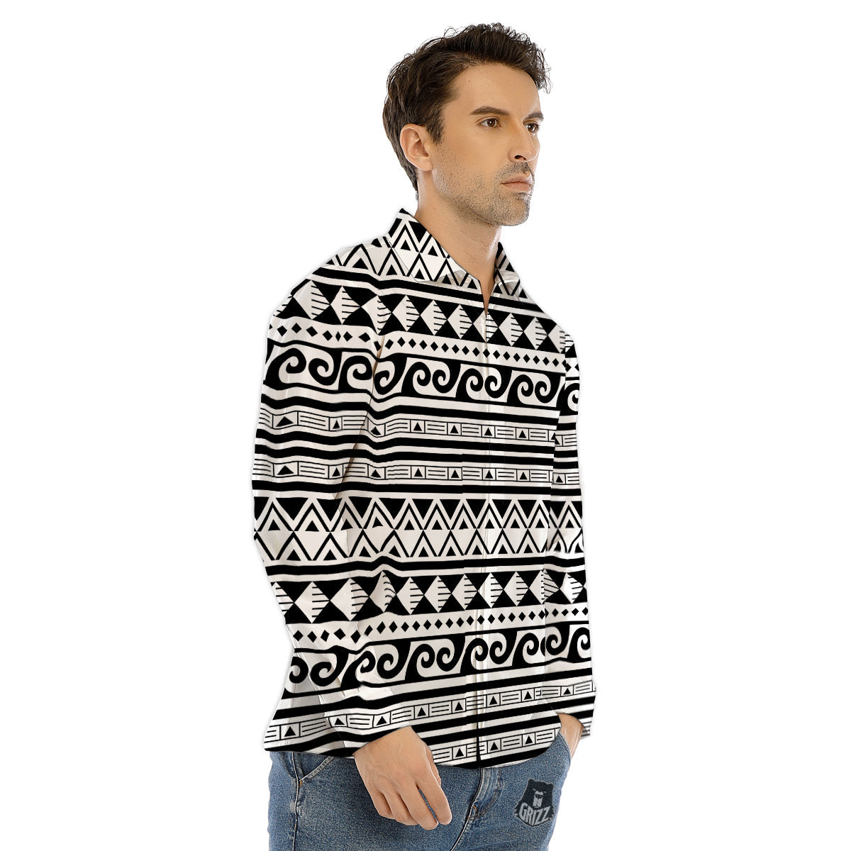Aztec White And Black Print Pattern Men's Dress Shirts-grizzshop