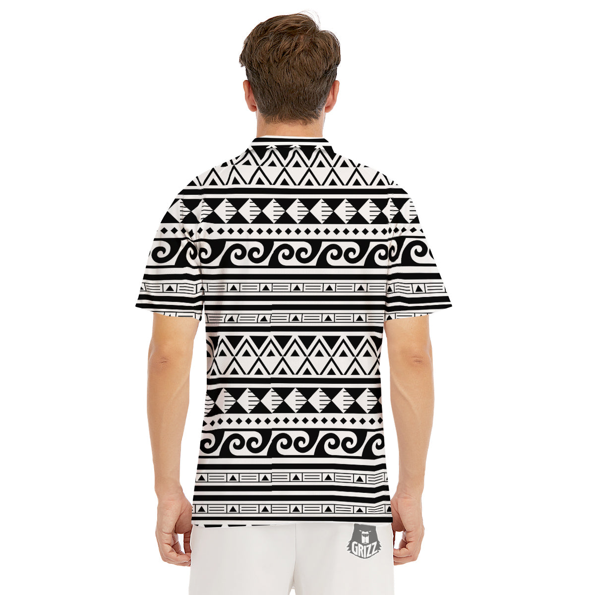 Aztec White And Black Print Pattern Men's Golf Shirts-grizzshop