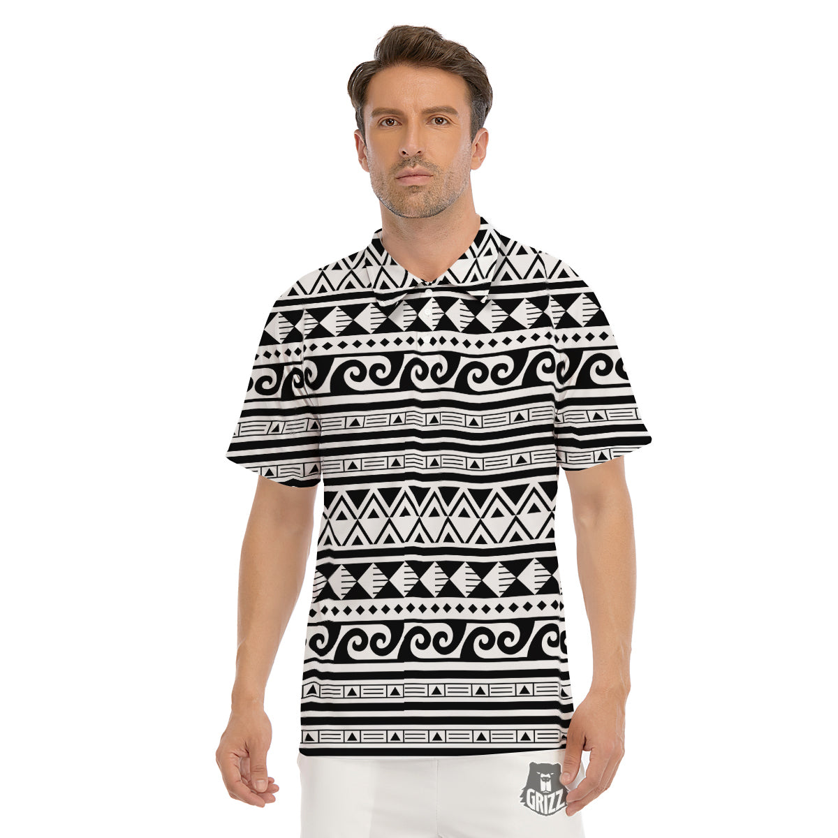 Aztec White And Black Print Pattern Men's Golf Shirts-grizzshop