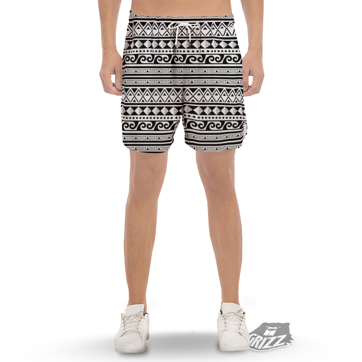 Aztec White And Black Print Pattern Men's Gym Shorts-grizzshop