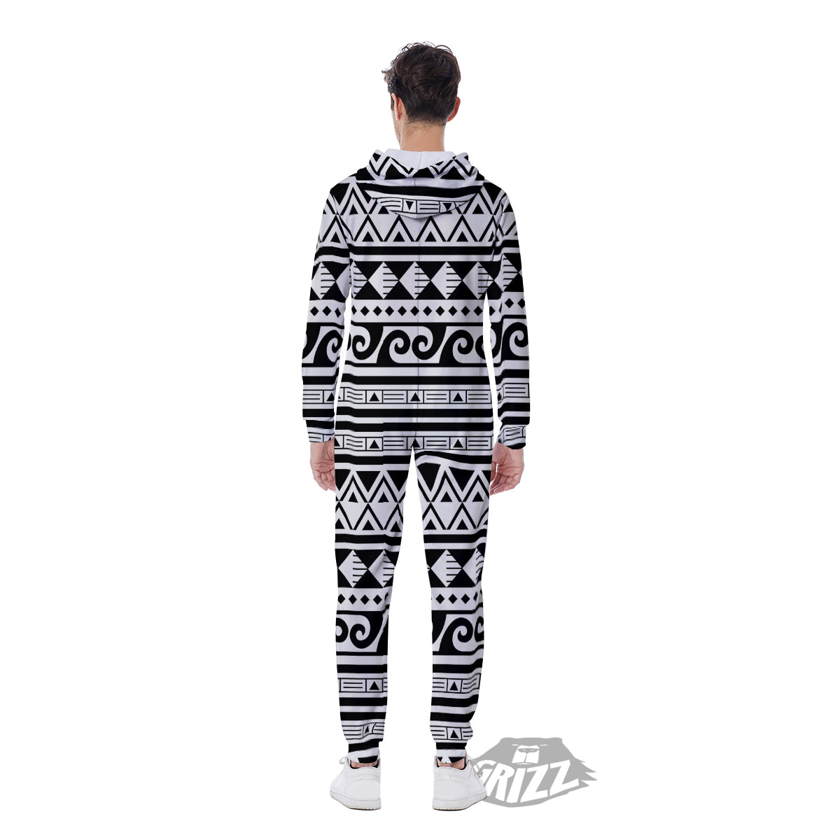 Aztec White And Black Print Pattern Men's Jumpsuit-grizzshop