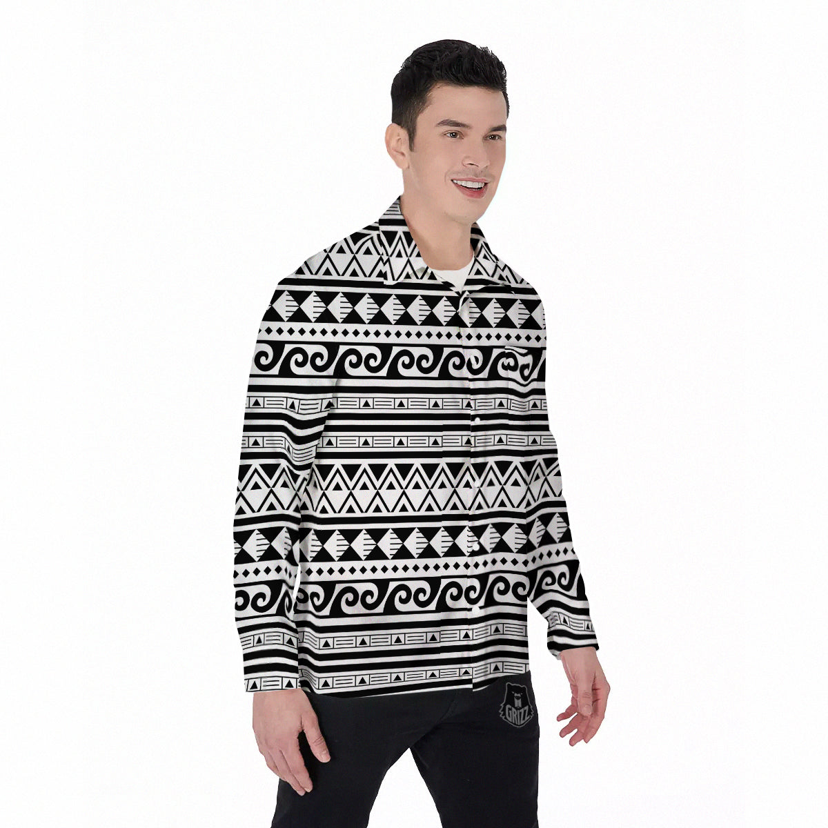 Aztec White And Black Print Pattern Men's Long Sleeve Shirts-grizzshop