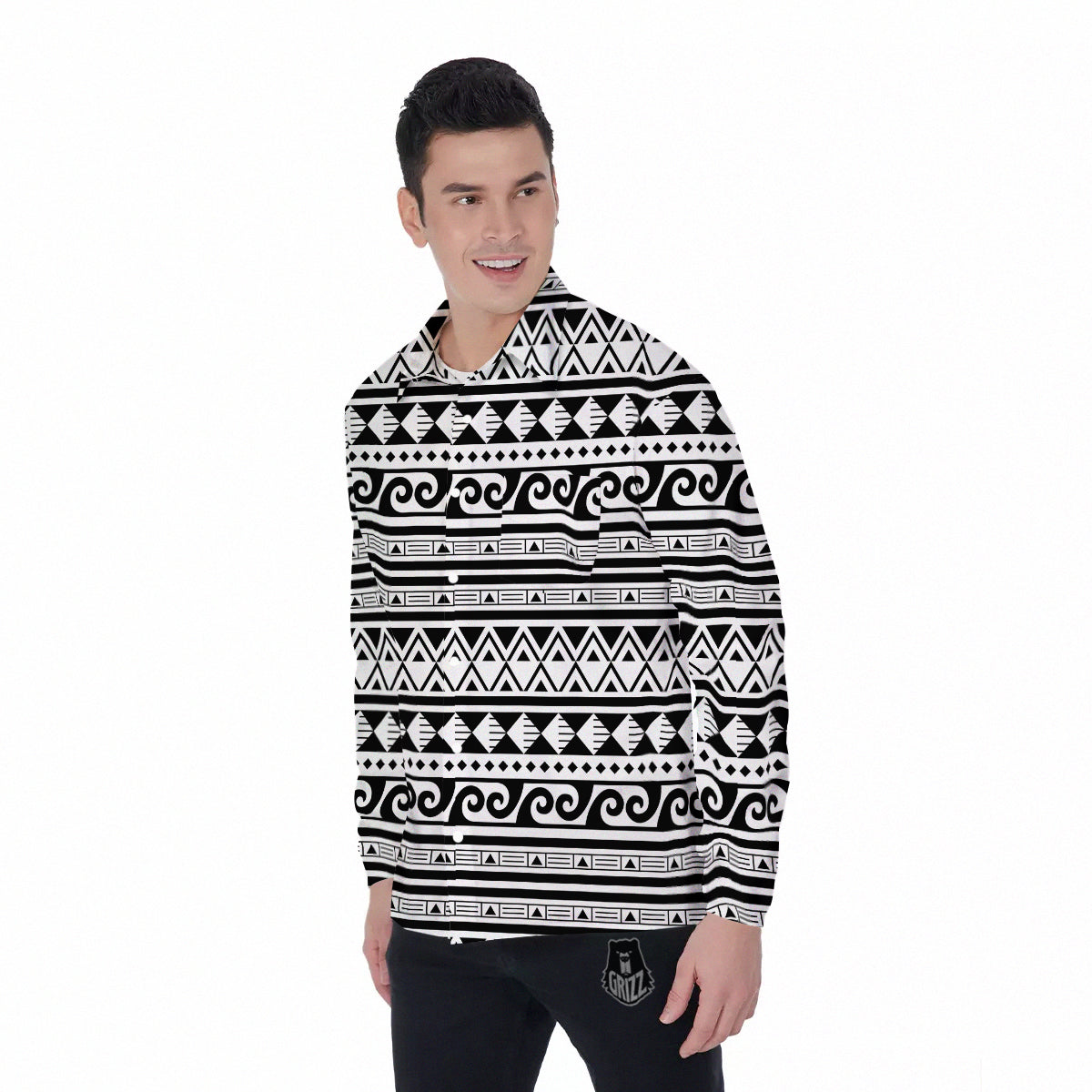 Aztec White And Black Print Pattern Men's Long Sleeve Shirts-grizzshop
