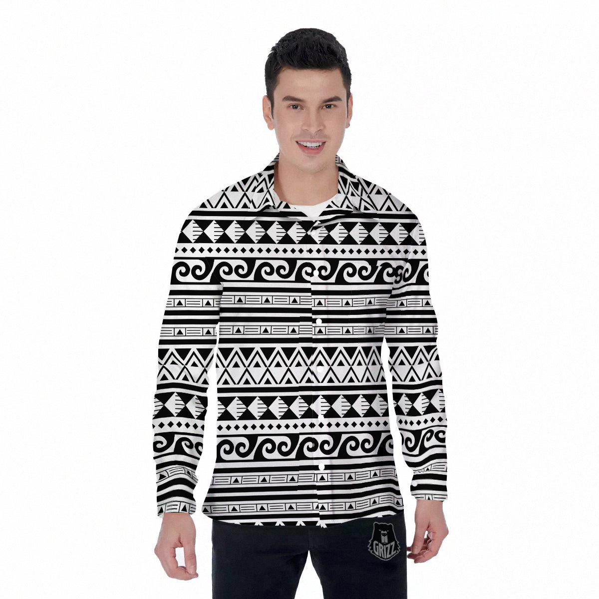 Aztec White And Black Print Pattern Men's Long Sleeve Shirts-grizzshop