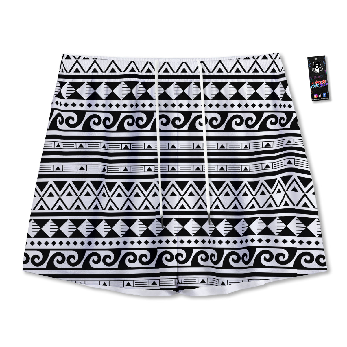 Aztec White And Black Print Pattern Mesh Shorts