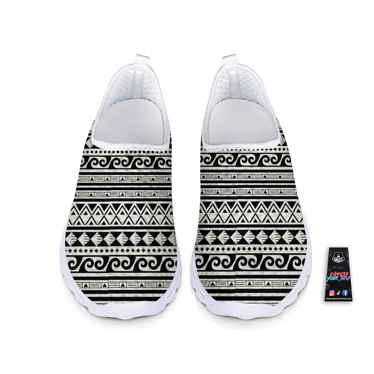 Aztec White And Black Print Pattern Nurse Shoes-grizzshop