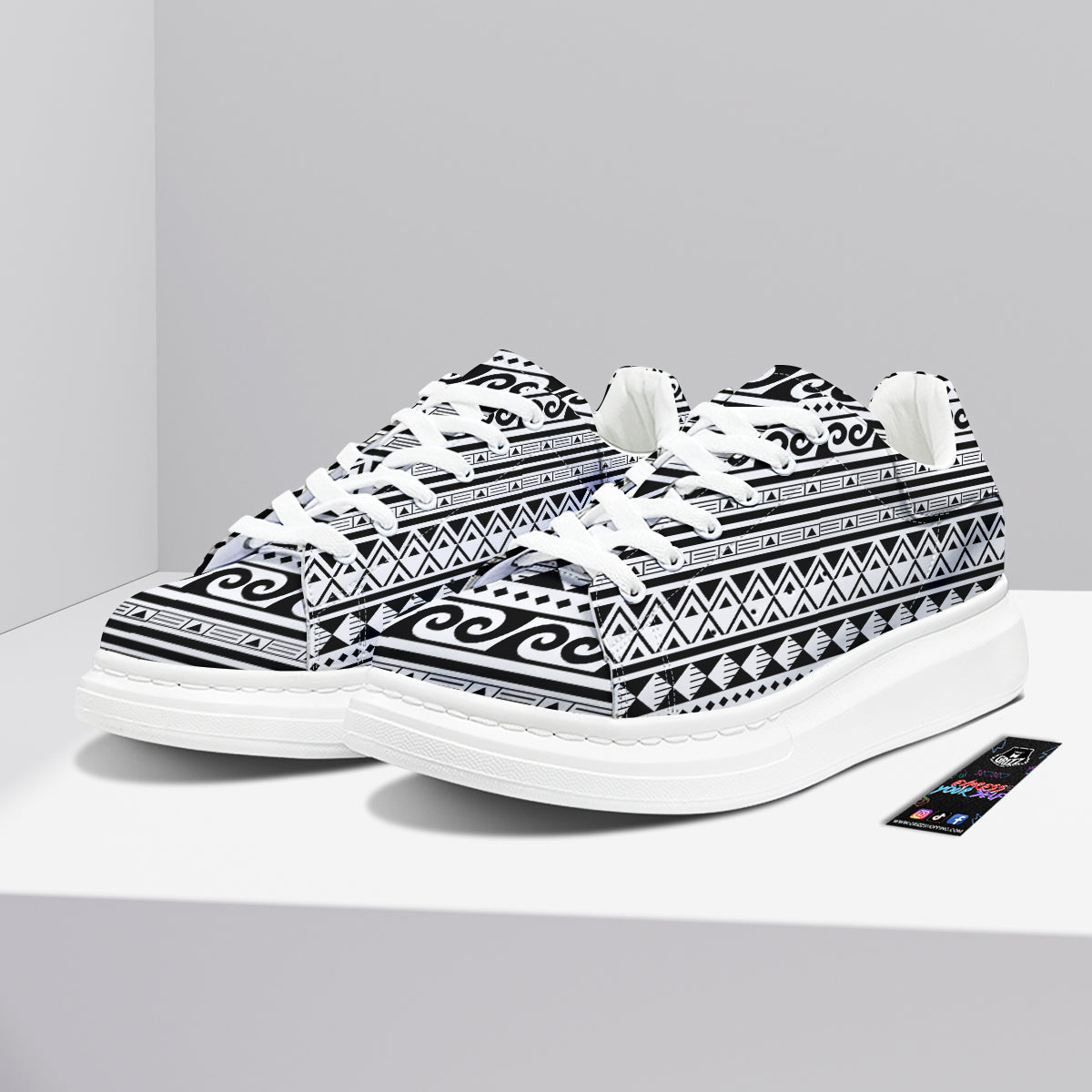 Aztec White And Black Print Pattern Platform Shoes-grizzshop