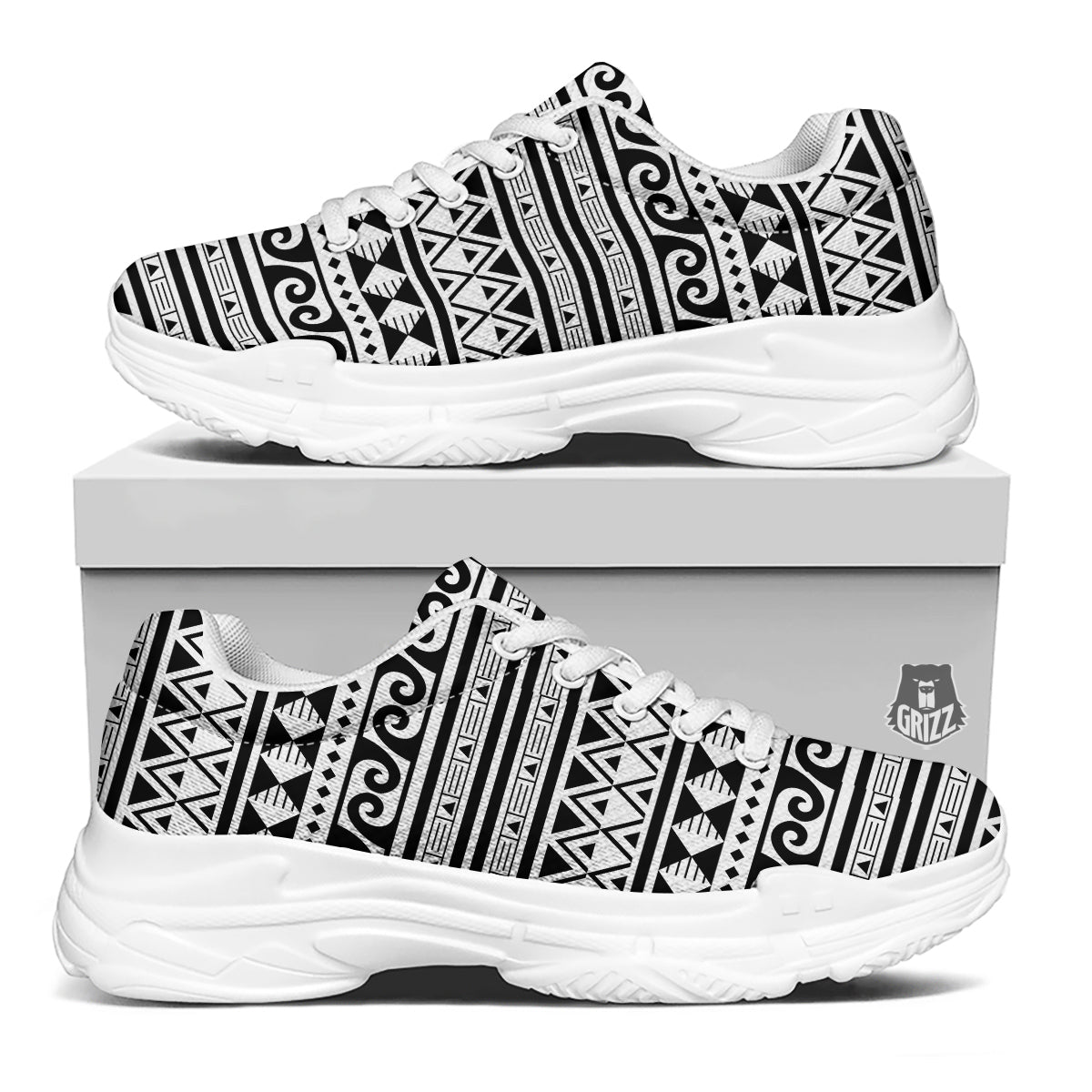 Aztec White And Black Print Pattern White Chunky Shoes-grizzshop