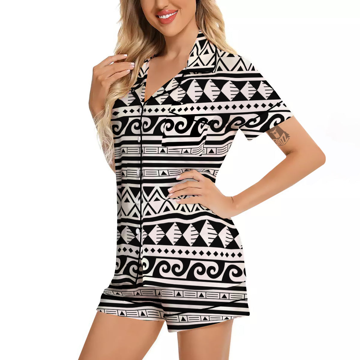 Aztec White And Black Print Pattern Women Silk Pajamas-grizzshop