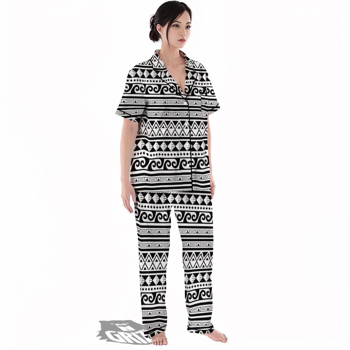 Aztec White And Black Print Pattern Women's Pajamas Set-grizzshop