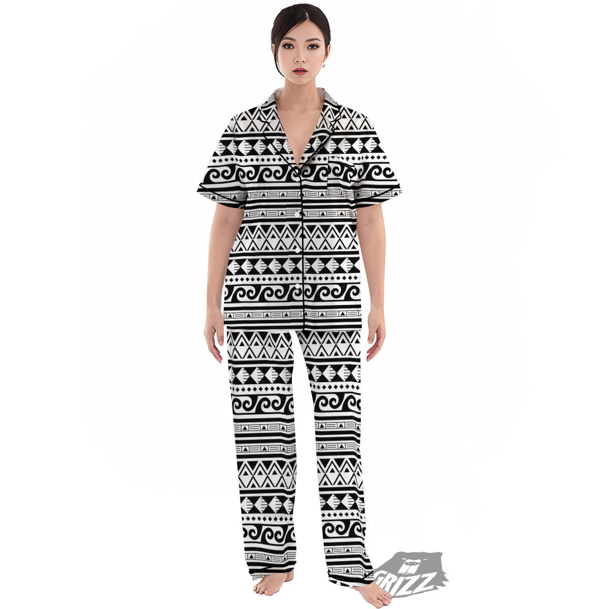 Aztec White And Black Print Pattern Women's Pajamas Set-grizzshop