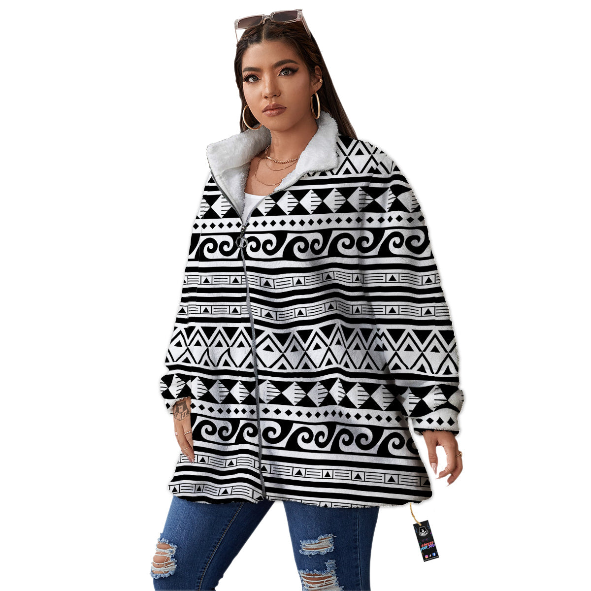 Aztec White And Black Print Pattern Women's Sherpa Jacket-grizzshop