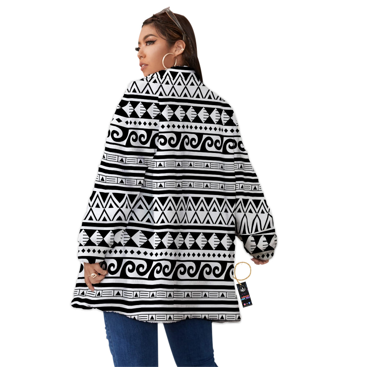 Aztec White And Black Print Pattern Women's Sherpa Jacket-grizzshop