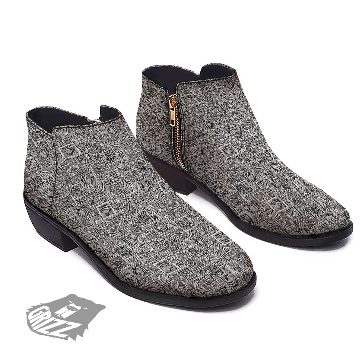 Aztec White And Grey Print Pattern Ankle Boots-grizzshop