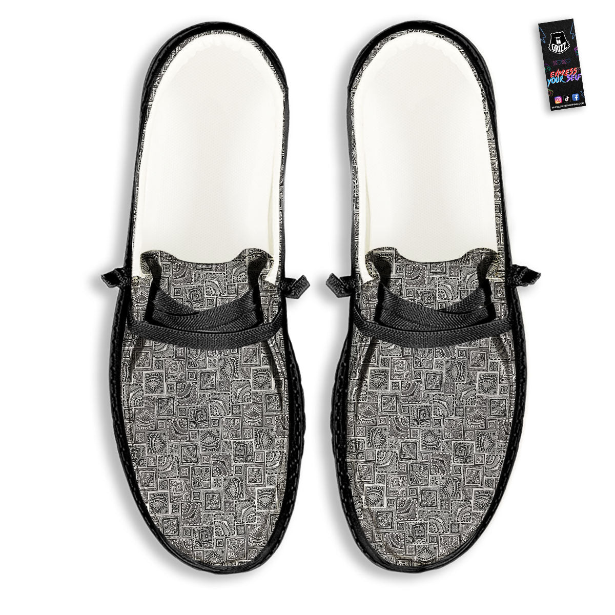 Aztec White And Grey Print Pattern Black Loafers-grizzshop