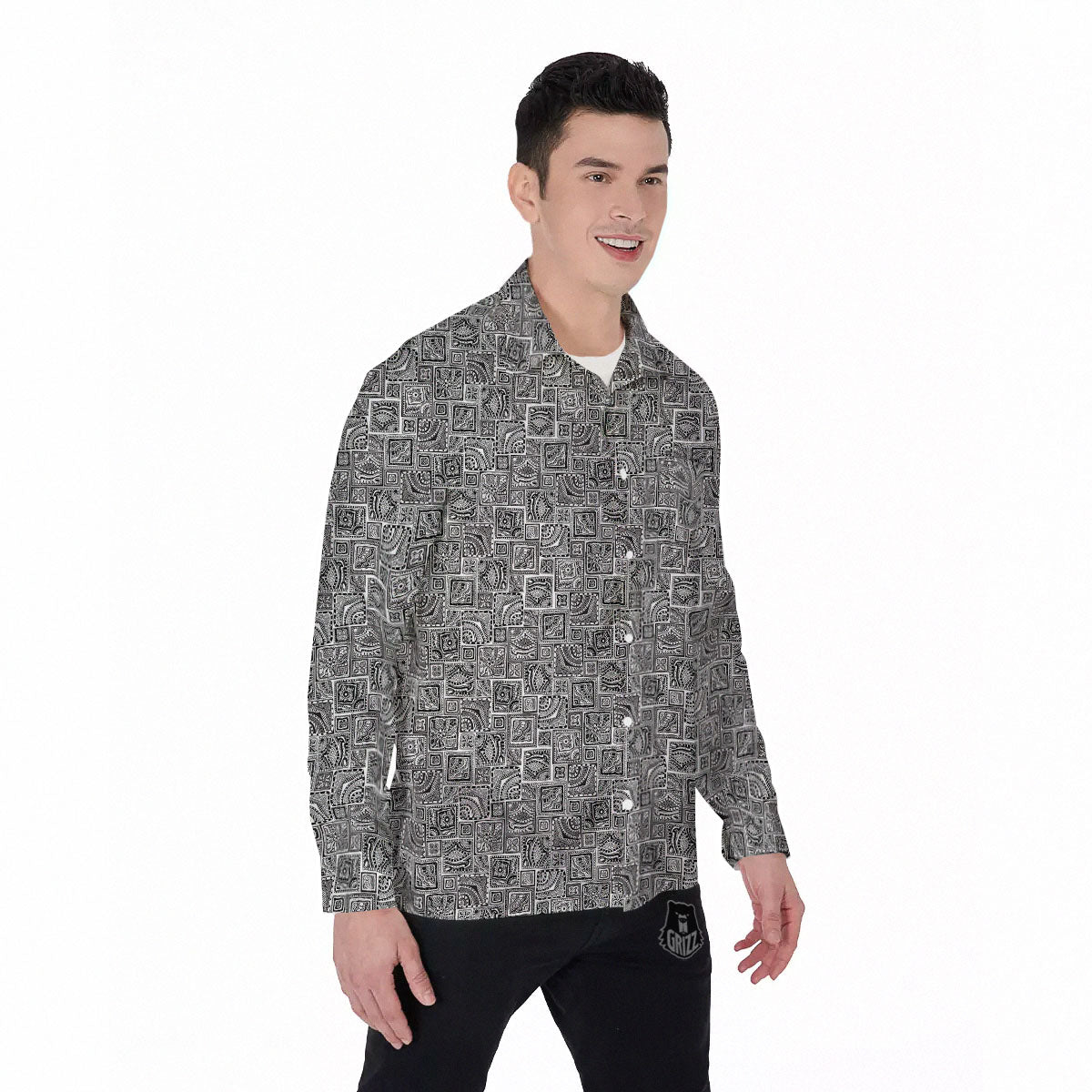 Aztec White And Grey Print Pattern Men's Long Sleeve Shirts-grizzshop