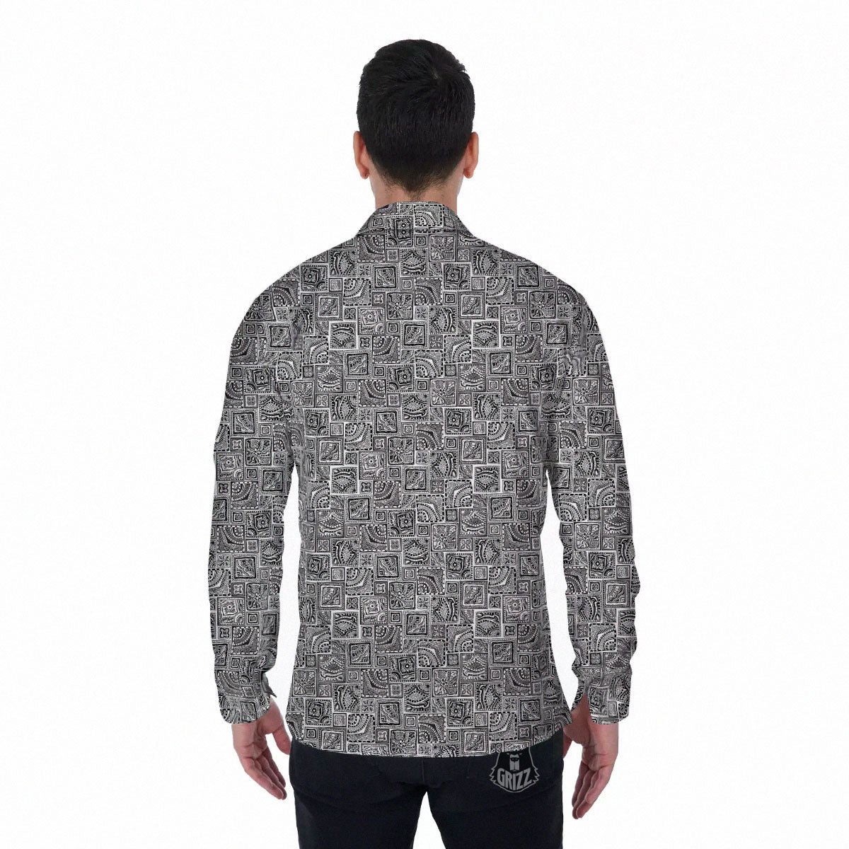 Aztec White And Grey Print Pattern Men's Long Sleeve Shirts-grizzshop