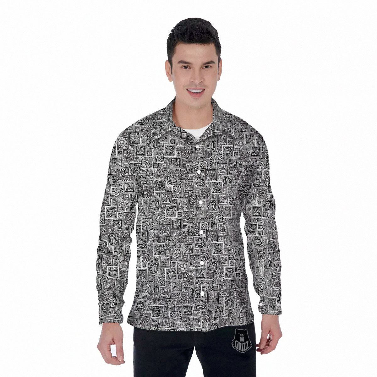 Aztec White And Grey Print Pattern Men's Long Sleeve Shirts-grizzshop