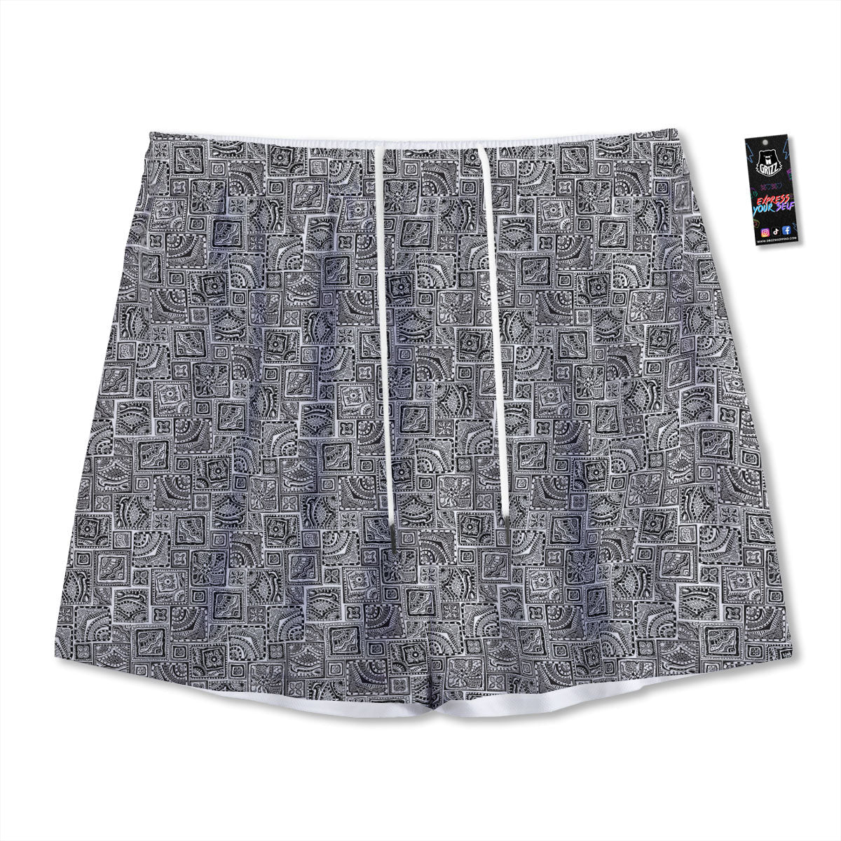 Aztec White And Grey Print Pattern Mesh Shorts