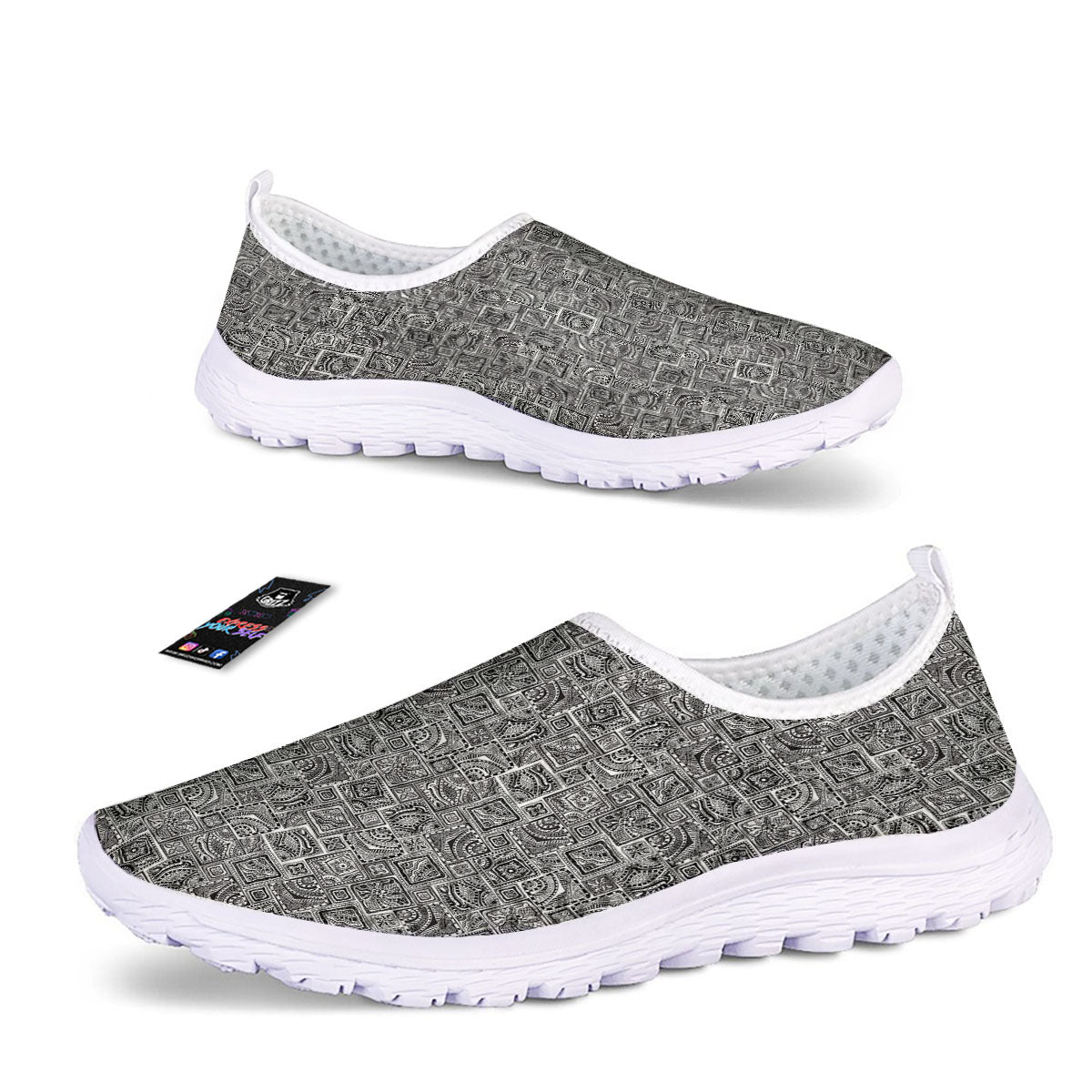 Aztec White And Grey Print Pattern Nurse Shoes-grizzshop
